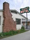 The State Motel in Coeur d'Alene Idaho, with a chimney shaped like the state.